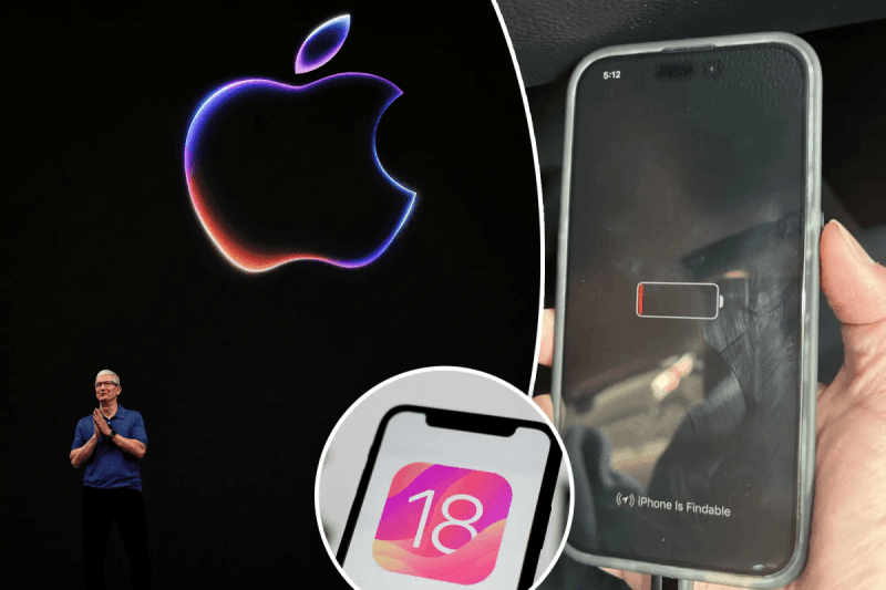 iPhone с iOS 18 показывает время даже после разряда / колаж iPhone с iOS 18 показывает время даже после разряда / колаж