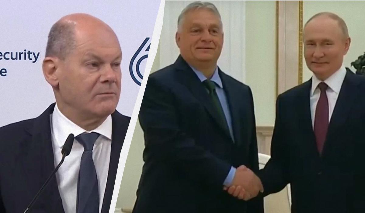 Шольц раніше різко розкритикував Орбана за візит до Москви / Колаж УНІАН, скріншоти Шольц раніше різко розкритикував Орбана за візит до Москви / Колаж УНІАН, скріншоти