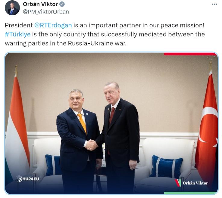 На думку Орбана, Туреччина - єдина країна, яка успішно виступила посередником між ворогуючими сторонами в російсько-українській війні / фото Х Вітора Орбана На думку Орбана, Туреччина - єдина країна, яка успішно виступила посередником між ворогуючими сторонами в російсько-українській війні / фото Х Вітора Орбана