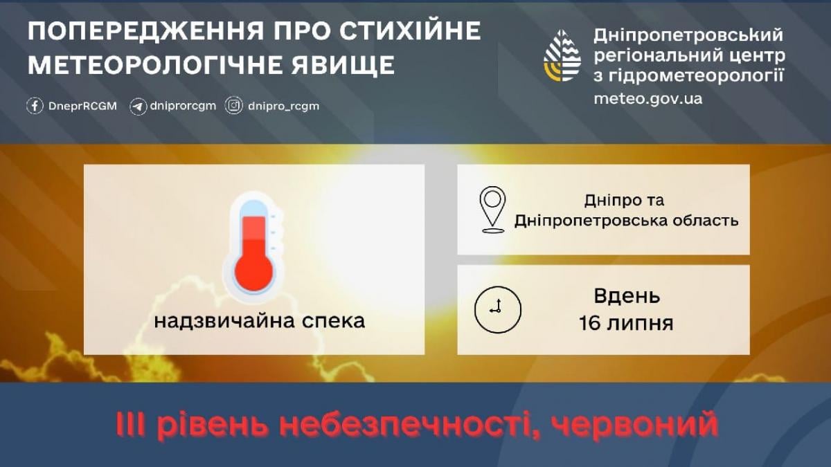 Днем 16 июля на Днепропетровщине ожидается чрезвычайная жара / фото Днепропетровский региональный центр по гидрометеорологии Днем 16 июля на Днепропетровщине ожидается чрезвычайная жара / фото Днепропетровский региональный центр по гидрометеорологии