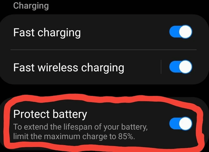 В настройках Samsung Galaxy есть ограничение зарядки до 85% В настройках Samsung Galaxy есть ограничение зарядки до 85%