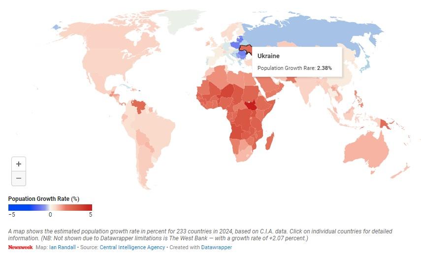 На карті показано приблизні темпи зростання населення у відсотках для 233 країн у 2024 році за даними ЦРУ / скріншот 