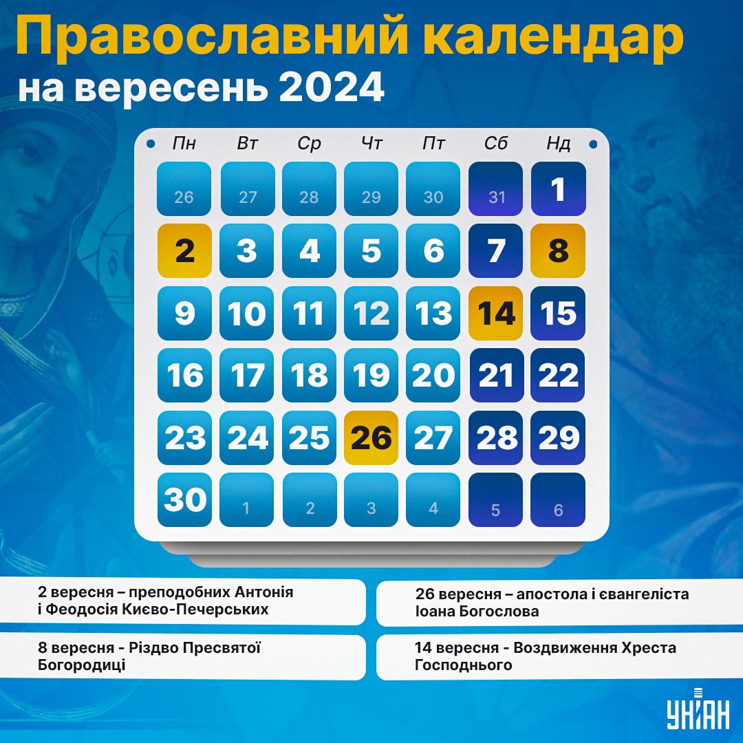 Православний календар на вересень 2024 / інфографіка УНІАН Православний календар на вересень 2024 / інфографіка УНІАН