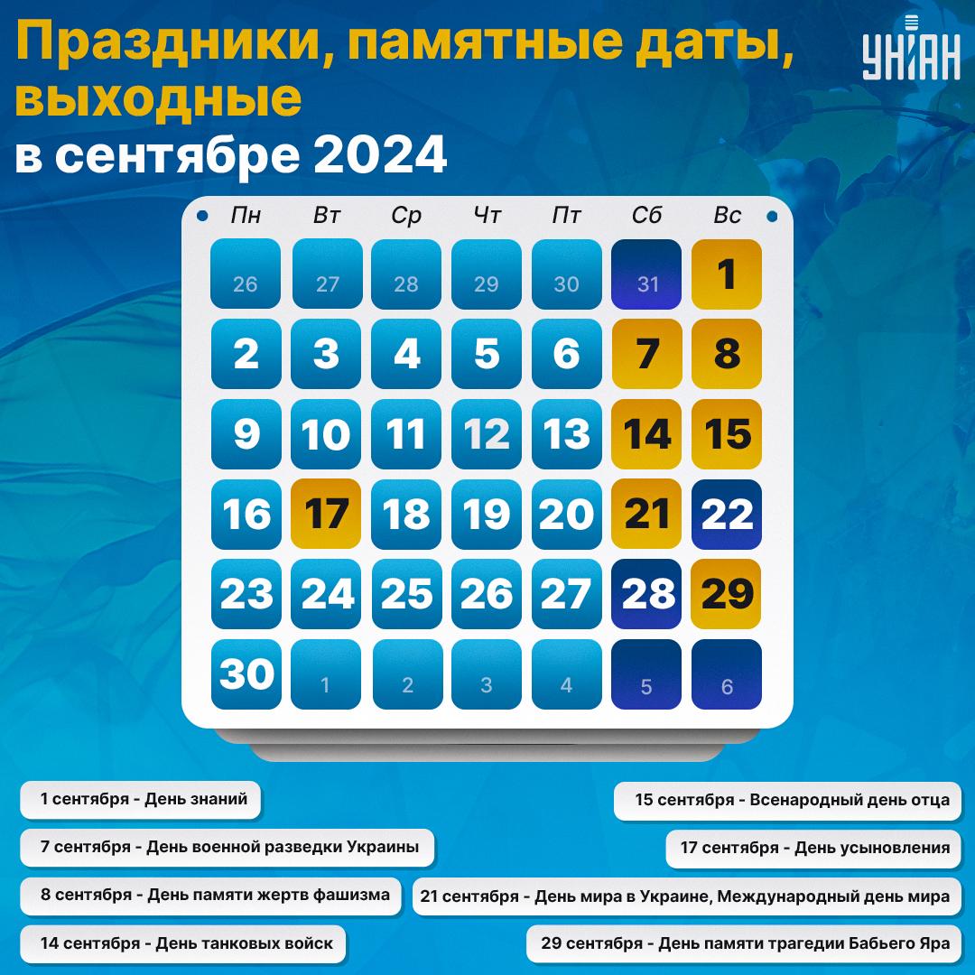Праздники в сентябре 2024 / инфографика УНИАН Праздники в сентябре 2024 / инфографика УНИАН