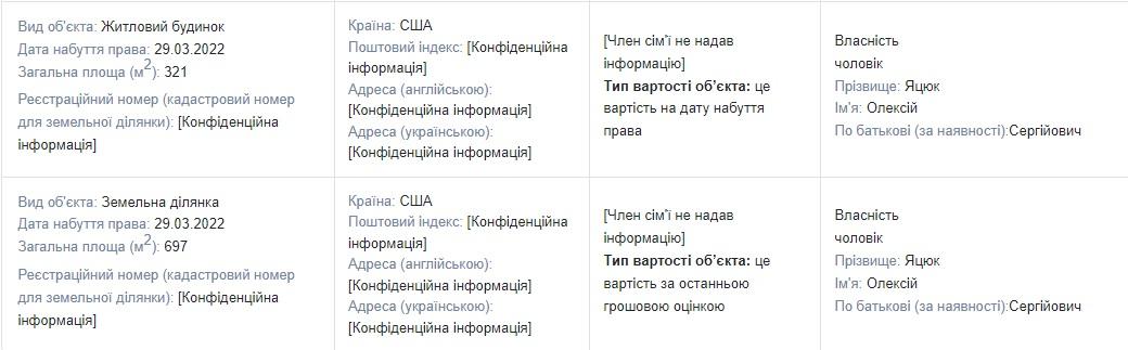 Покупки чоловіка Устінової у США в декларації, скріншот: public.nazk.gov.ua Покупки чоловіка Устінової у США в декларації, скріншот: public.nazk.gov.ua