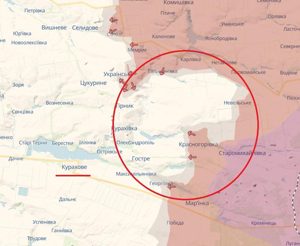 Ворог пре на Курахове, аби закрити "кишеню" біля Невельского / мапа deepstatemap.live Ворог пре на Курахове, аби закрити "кишеню" біля Невельского / мапа deepstatemap.live
