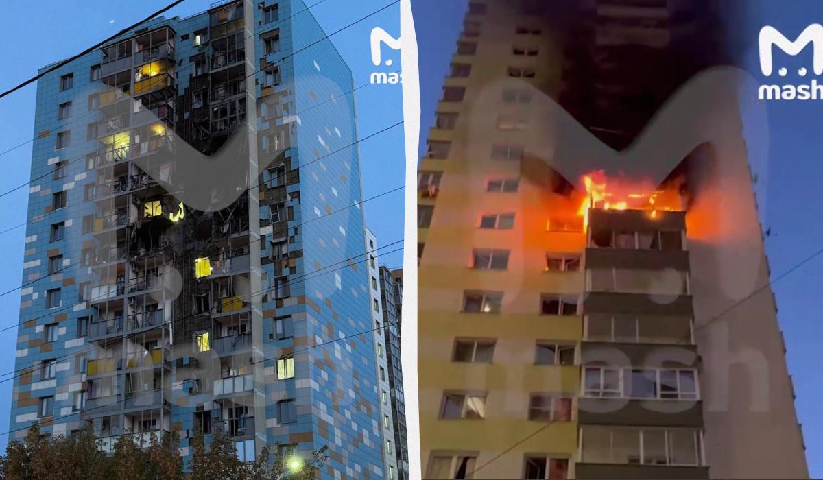 У Москві безпілотники поцілили по багатоповерхівках / Колаж уНІАН, фото Mash, скріншот У Москві безпілотники поцілили по багатоповерхівках / Колаж уНІАН, фото Mash, скріншот