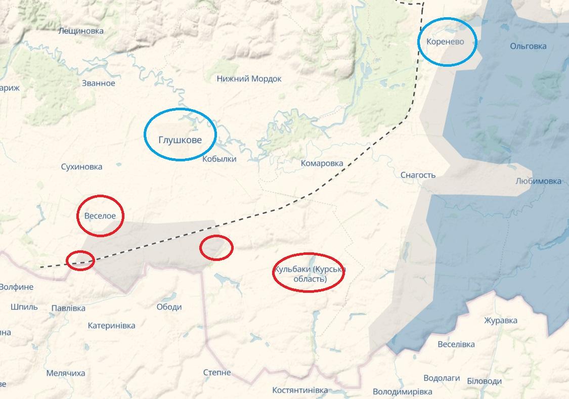 Красным - села, занятые ВСУ, по версии Z-пабликов. Синим - направления возможных ударов ВСУ завтра, по версии Z-пабликов / карта deepstatemap.live Красным - села, занятые ВСУ, по версии Z-пабликов. Синим - направления возможных ударов ВСУ завтра, по версии Z-пабликов / карта deepstatemap.live