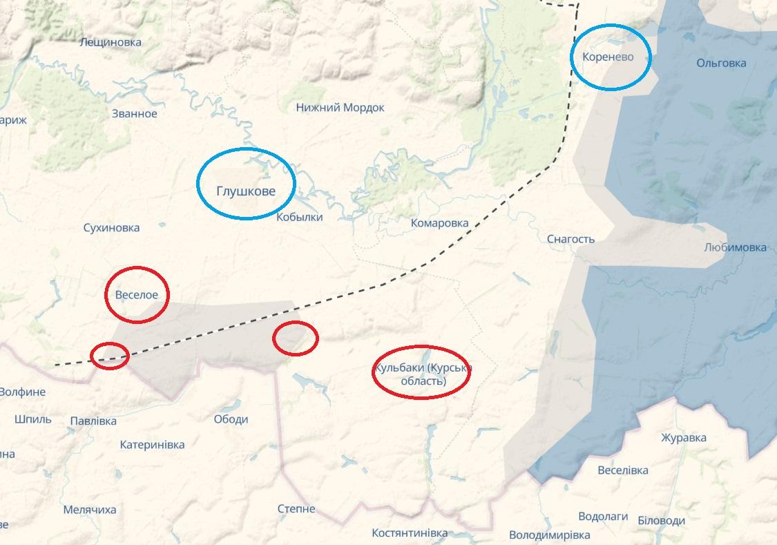 Червоним - села, зайняті ЗСУ, за версією Z-пабліків. Синім - напрямки можливих ударів ЗСУ завтра, за версією Z-пабліків / карта deepstatemap.live