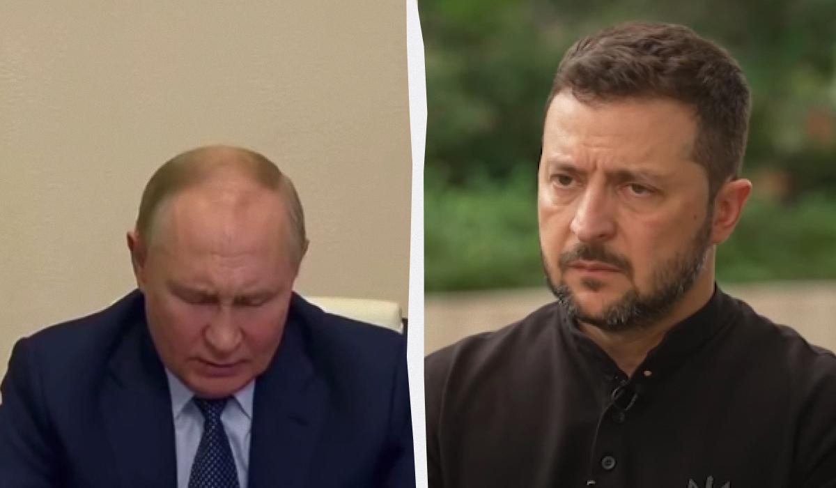 Володимир Зеленський пояснив, чому Володимир Путін інколи підіймає тему перемовин / колаж УНІАН зі скріншотів Володимир Зеленський пояснив, чому Володимир Путін інколи підіймає тему перемовин / колаж УНІАН зі скріншотів
