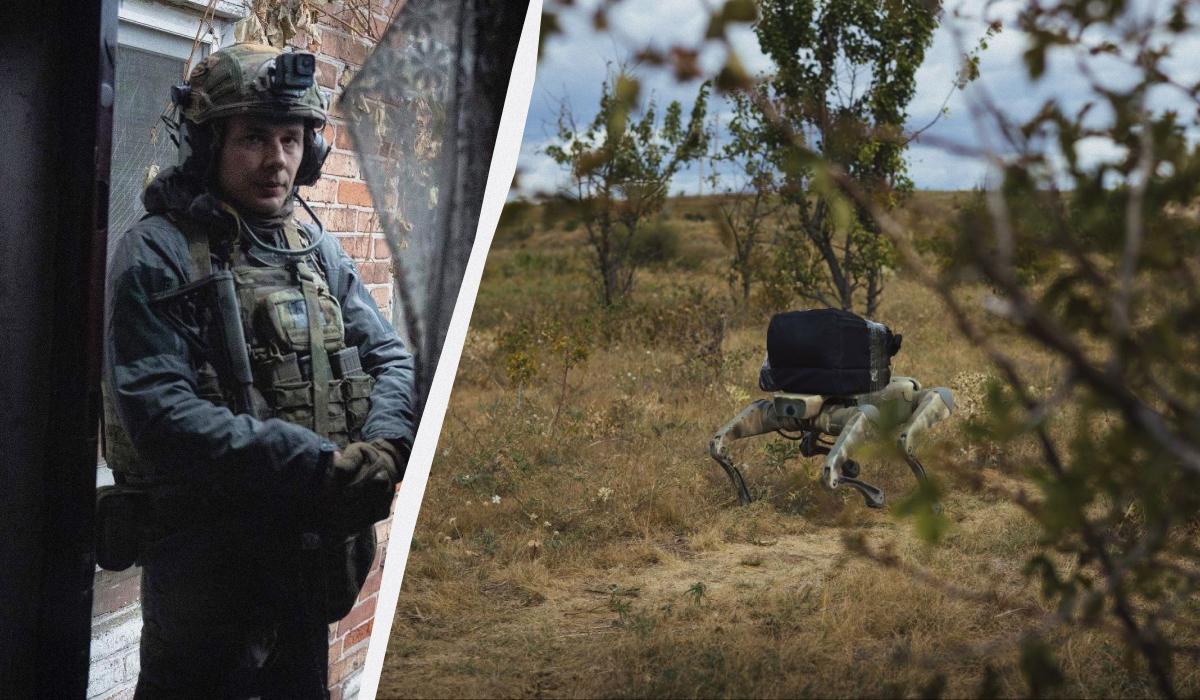Військовий розповів, що роблять собаки-роботи на фронті / Колаж УНІАН, фото Євген Алхімов, Telegram-канал 28 ОМБР Військовий розповів, що роблять собаки-роботи на фронті / Колаж УНІАН, фото Євген Алхімов, Telegram-канал 28 ОМБР
