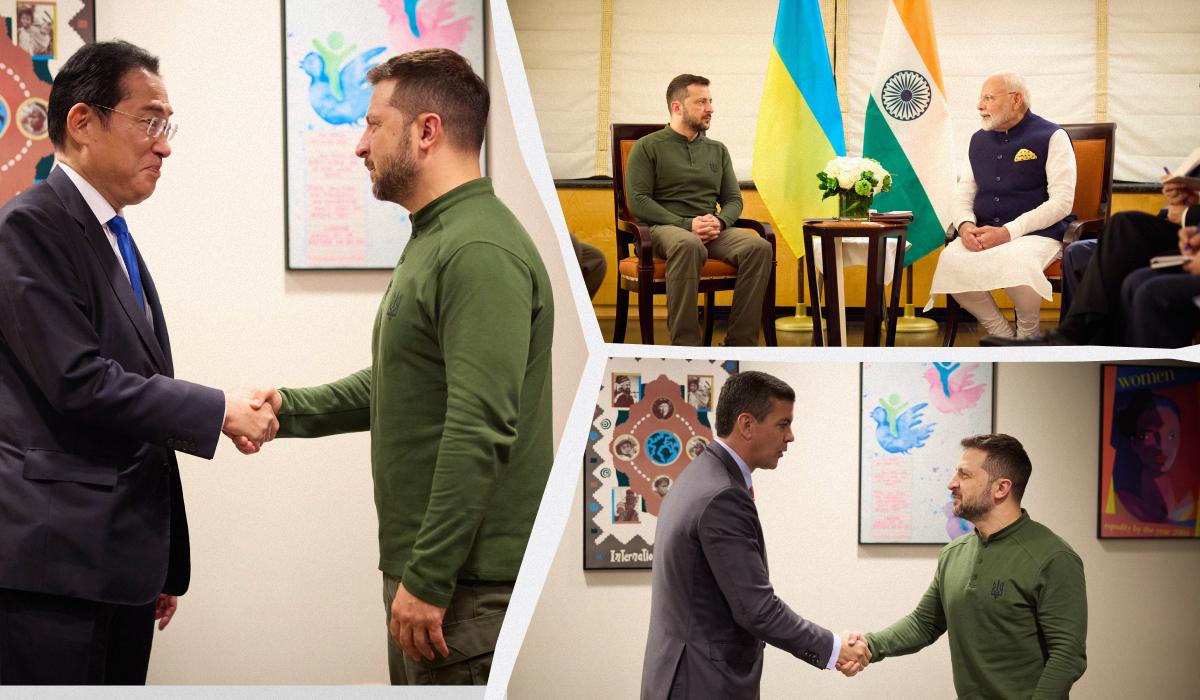 Зеленський зустрівся з кількома світовими лідерами / Колаж УНІАН, фото x.com/ZelenskyyUa Зеленський зустрівся з кількома світовими лідерами / Колаж УНІАН, фото x.com/ZelenskyyUa