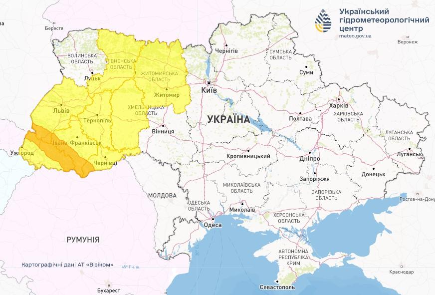 На западе Украины, а также в Житомирской области объявлен повышенный уровень опасности / фото Укргидрометцентр На западе Украины, а также в Житомирской области объявлен повышенный уровень опасности / фото Укргидрометцентр