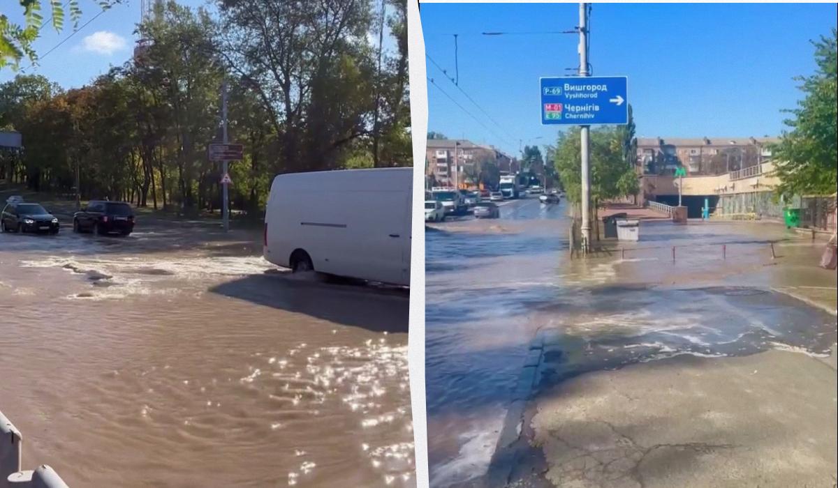 Біля станції метро "Дорогожичі" прорвало міську мережу водопостачання / колаж УНІАН, скріншот Біля станції метро "Дорогожичі" прорвало міську мережу водопостачання / колаж УНІАН, скріншот