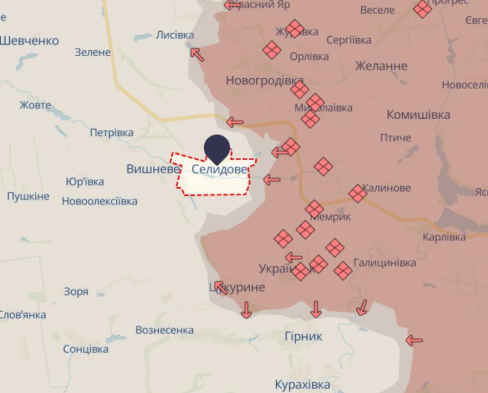 Карта боевых действий, на которой видно, что россияне двигались на Селидово с ряда направлений / скриншот с deepstatemap.live Карта боевых действий, на которой видно, что россияне двигались на Селидово с ряда направлений / скриншот с deepstatemap.live