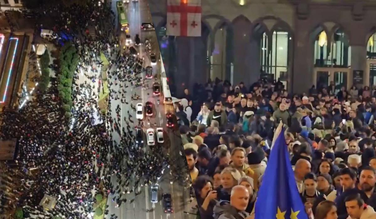 На центральну вулицю Тбілісі вийшло багато людей, які не згодні з результатати парламентських виборів в країні / колаж УНІАН, скриншоти На центральну вулицю Тбілісі вийшло багато людей, які не згодні з результатати парламентських виборів в країні / колаж УНІАН, скриншоти