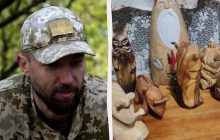 Обожженные войной: между обстрелами военный вырезает из дерева уникальные фигурки (видео)