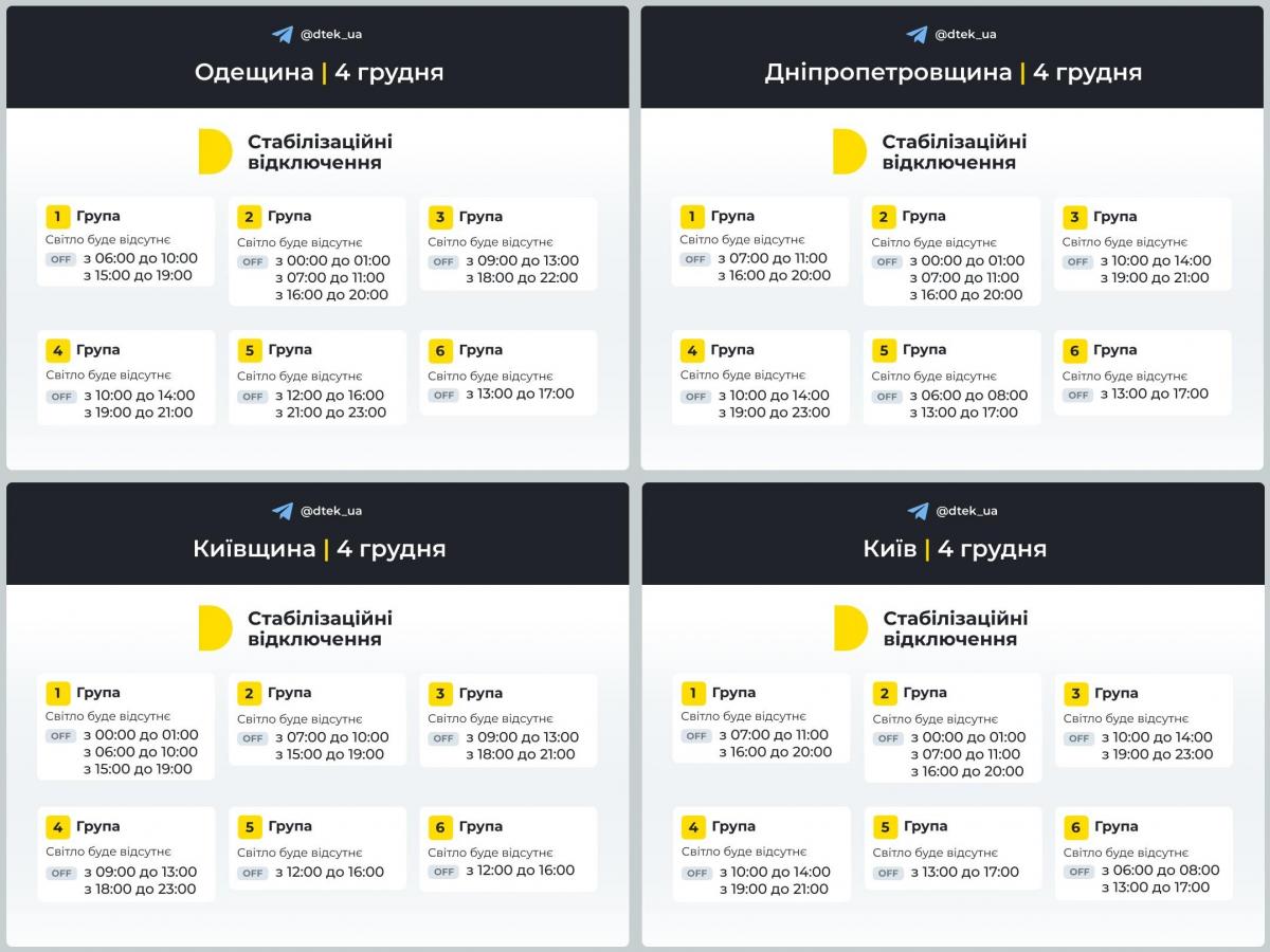 Графики отключений для регионов ДТЭК на 4 декабря / коллаж УНИАН, фото TG@dtek_ua