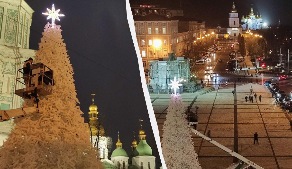 На Софійській площі у Києві триває встановлення ялинки / колаж і фото УНІАН На Софійській площі у Києві триває встановлення ялинки / колаж і фото УНІАН