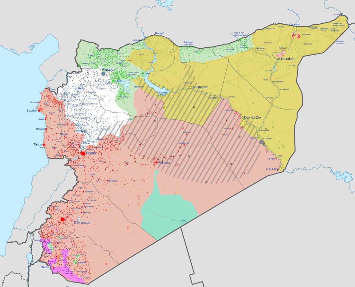 Червоним - території, контрольовані урядом Асада, решта - різні антиурядові сили / мапа wikimedia.org