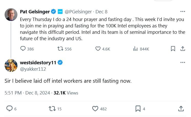 Уволенный глава Intel призвал всех 'молиться и голодать' ради благополучия компании Уволенный глава Intel призвал всех 'молиться и голодать' ради благополучия компании