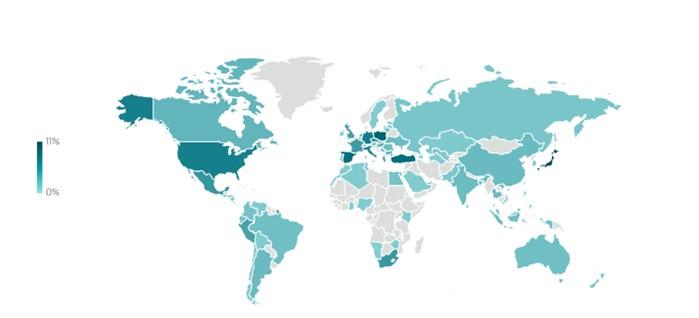 Рис. 1. Поширення шкідливих програм у світі з червня до листопада 2024 року.