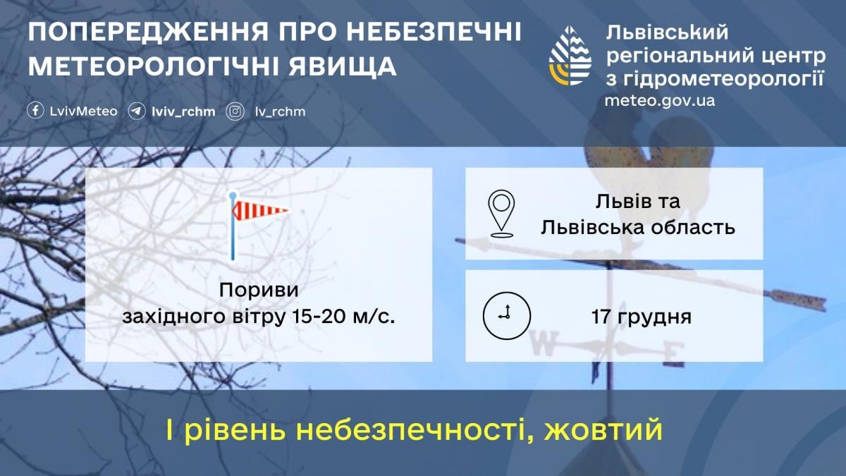 У Львові через сильні пориви вітру оголосили І рівень небезпечності / фото Львівський гідрометцентр