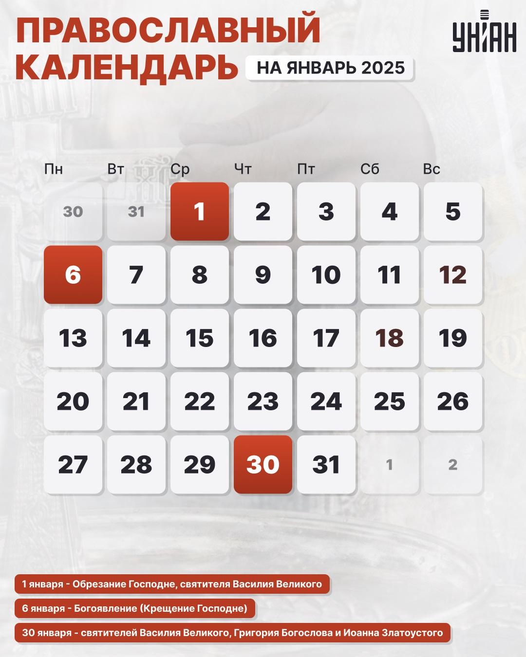 Православный календарь на январь 2025 / инфографика УНИАН Православный календарь на январь 2025 / инфографика УНИАН