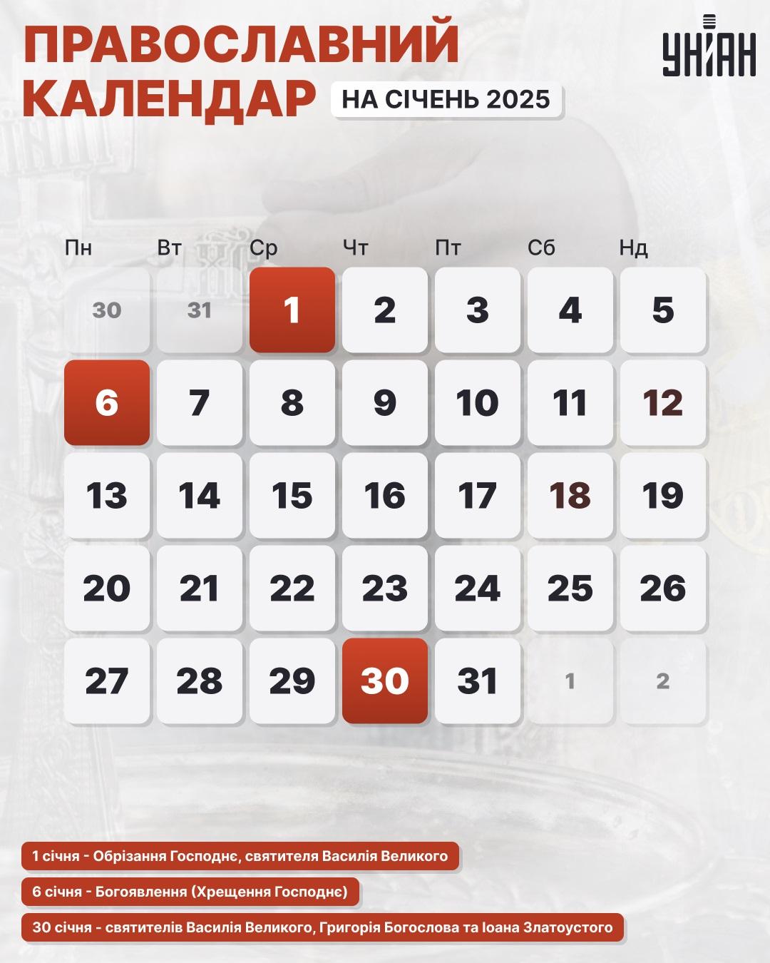 Православний календар на січень 2025 року / інфографіка УНІАН Православний календар на січень 2025 року / інфографіка УНІАН