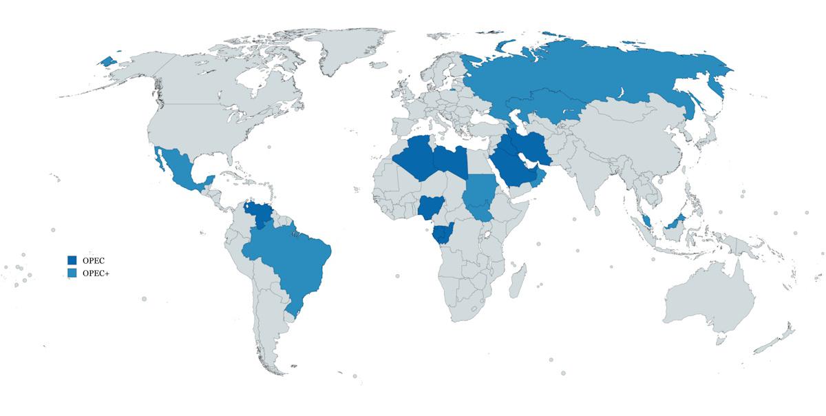 Organizația Țărilor Exportatoare de Petrol (OPEC) deține 2/3 din rezervele mondiale de petrol și există din 1960. După 2016, când s-au adăugat încă 11 țări, a fost extins la OPEC+. În decembrie 2023, Angola a părăsit organizația, nefiind de acord cu alte reduceri ale producției, dar Brazilia s-a alăturat în ianuarie 2024 / Date: Wikipedia 