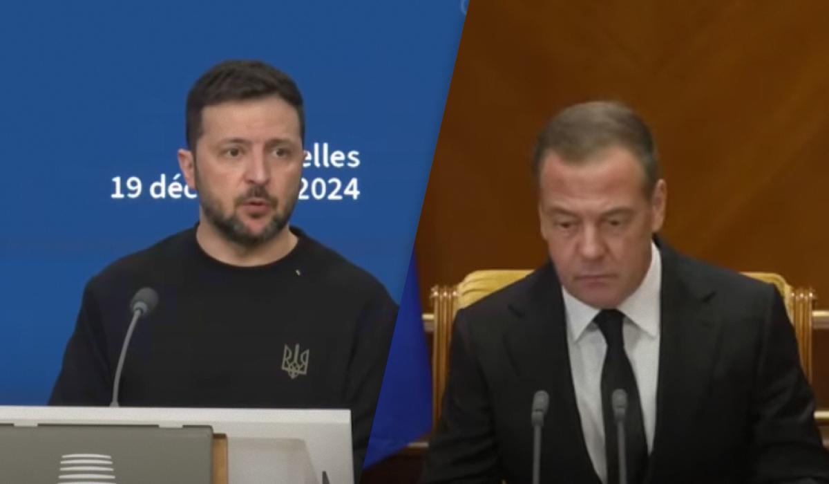 Медведєв істерично відреагував на слова Зеленського про Путіна / Колаж УНІАН, скріншоти Медведєв істерично відреагував на слова Зеленського про Путіна / Колаж УНІАН, скріншоти