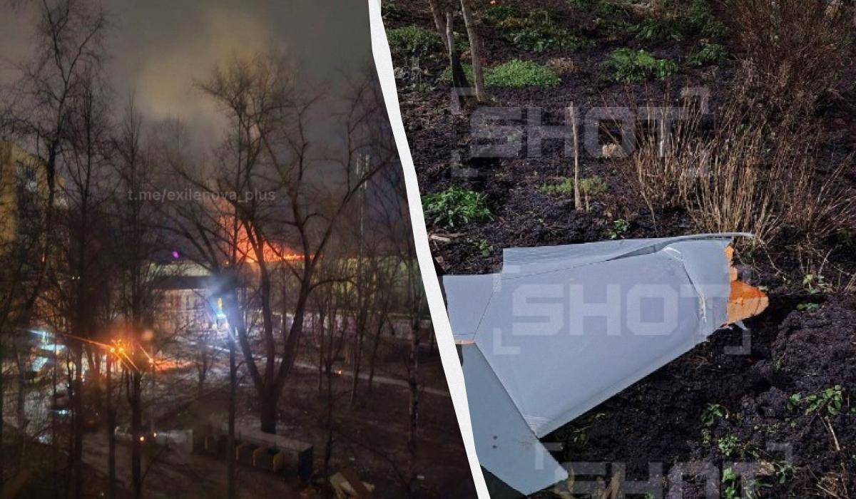 Внаслідок атаки дронів виникла пожежа на Смоленському авіазаводі/ Колаж УНІАН, фото соцмережі Внаслідок атаки дронів виникла пожежа на Смоленському авіазаводі/ Колаж УНІАН, фото соцмережі