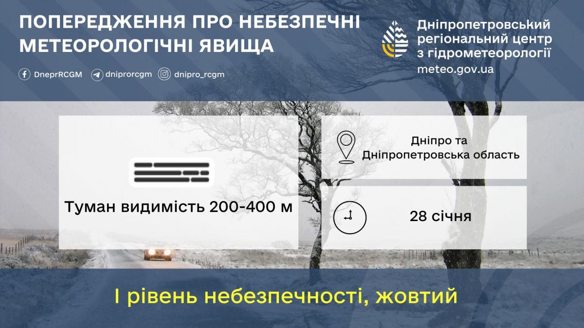28 січня на Дніпропетровщині оголошено І рівень небезпечності через туман / фото Дніпропетровський гідрометцентр 28 січня на Дніпропетровщині оголошено І рівень небезпечності через туман / фото Дніпропетровський гідрометцентр