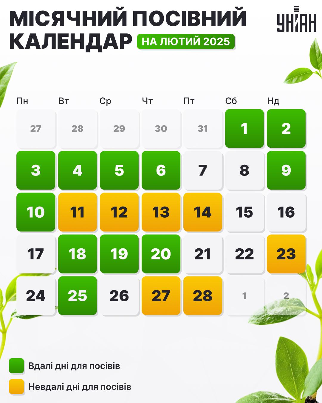 Посівний календар на лютий 2025 року таблиця / картинка УНІАН Посівний календар на лютий 2025 року таблиця / картинка УНІАН