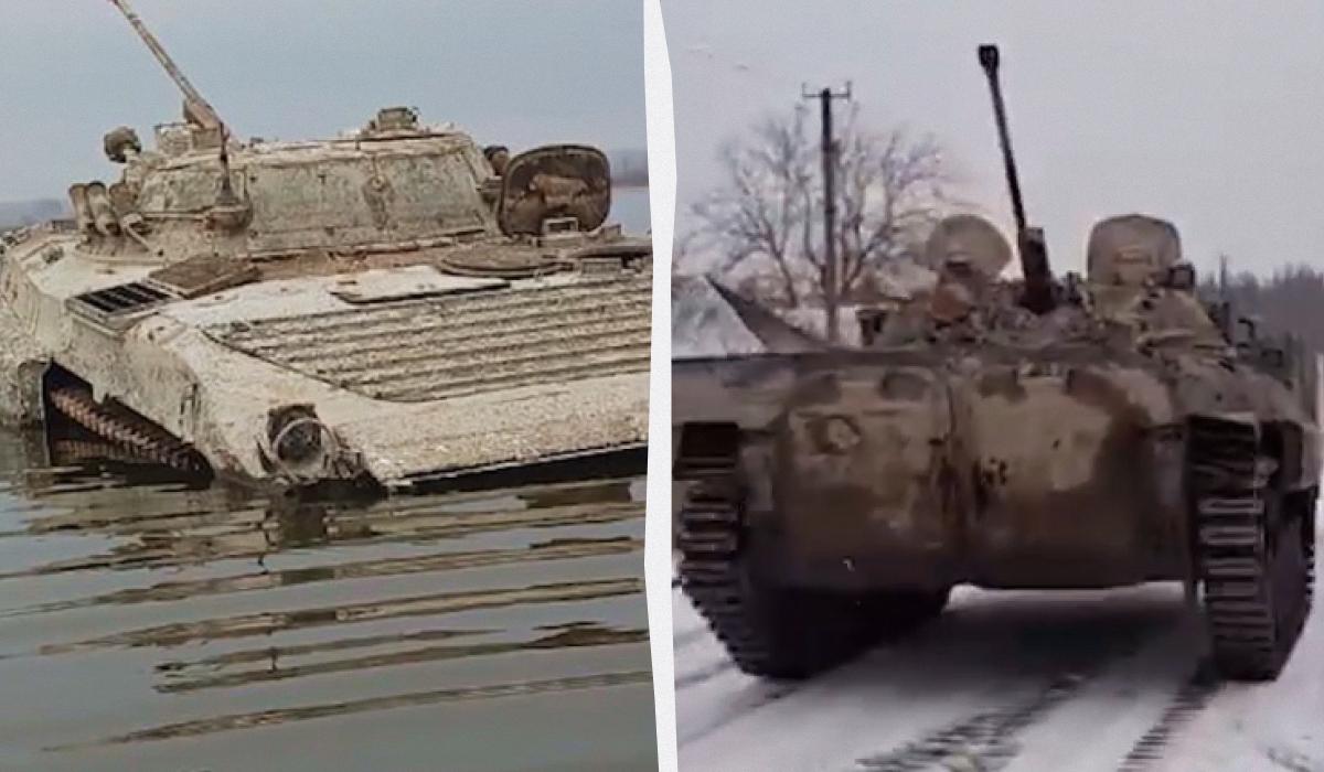 Російську БМП-2 витягнути з-під носа в окупантів майже на лінії фронту / Колаж УНІАН, скриншоти з відео Російську БМП-2 витягнути з-під носа в окупантів майже на лінії фронту / Колаж УНІАН, скриншоти з відео