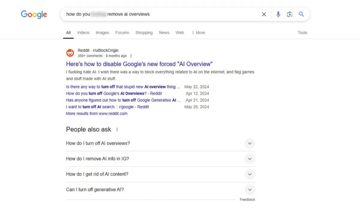 Приклад вимкнення Google AI Overviews / Фото - Tom's Guide Приклад вимкнення Google AI Overviews / Фото - Tom's Guide