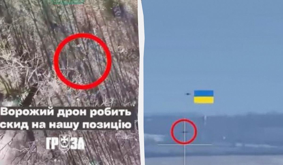 Український дрон знешкодив ворожий / Колаж УНІАН / Скриншоти Український дрон знешкодив ворожий / Колаж УНІАН / Скриншоти