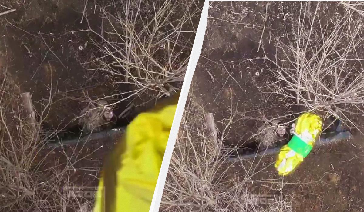 Дрон доставив кров пораненому воїну / Колаж УНІАН, скриншоти Дрон доставив кров пораненому воїну / Колаж УНІАН, скриншоти