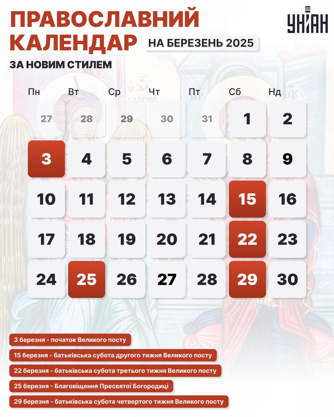 Новий православний календар на березень 2025 року / інфографіка УНІАН Новий православний календар на березень 2025 року / інфографіка УНІАН
