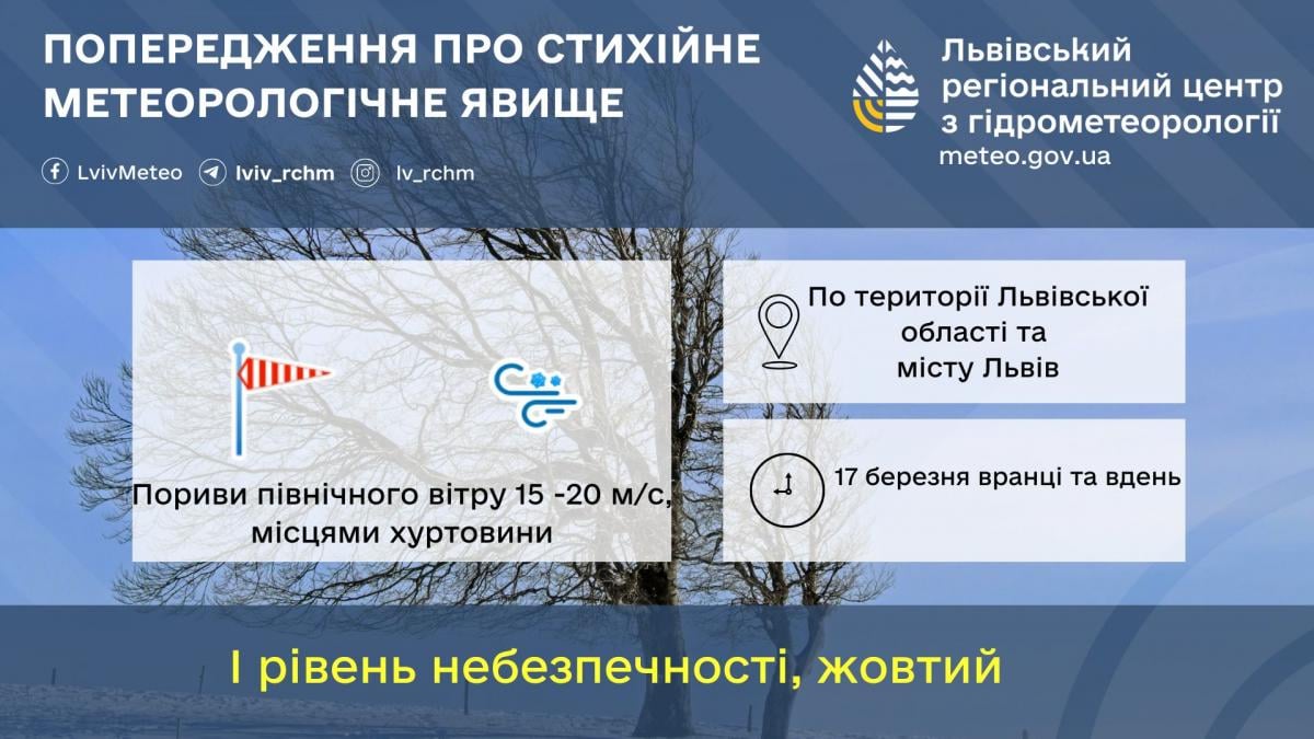 У Львові 17 березня буде вітряно / фото Львівський гідрометцентр У Львові 17 березня буде вітряно / фото Львівський гідрометцентр