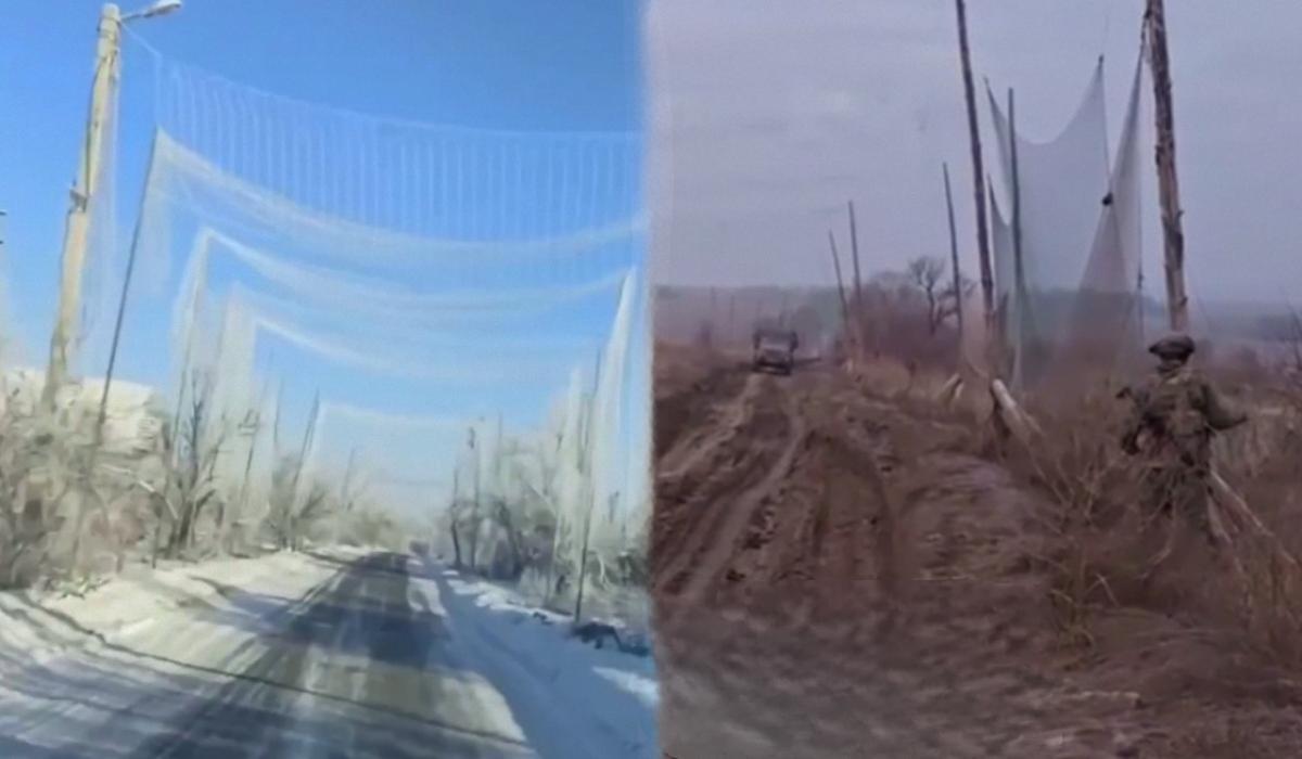 Россияне обтягивают дороги сетками, чтобы защититься от дронов / коллаж УНИАН, кадры из видео Россияне обтягивают дороги сетками, чтобы защититься от дронов / коллаж УНИАН, кадры из видео