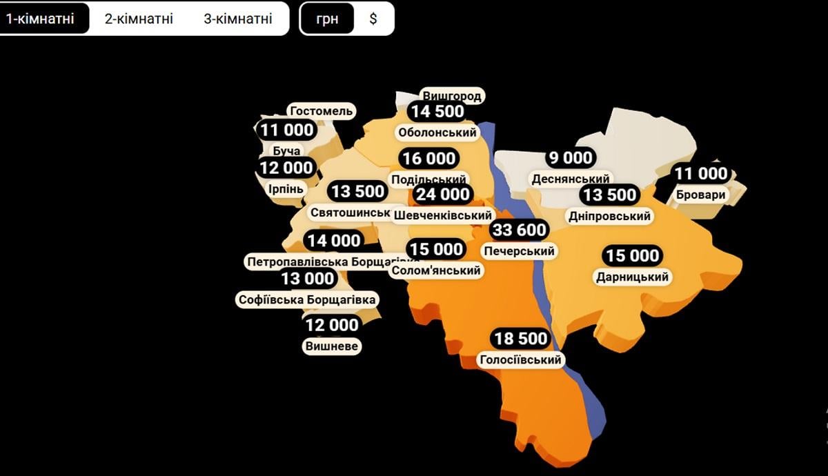 Разница в стоимости аренды в зависимости от района города / инфографика lun.ua 