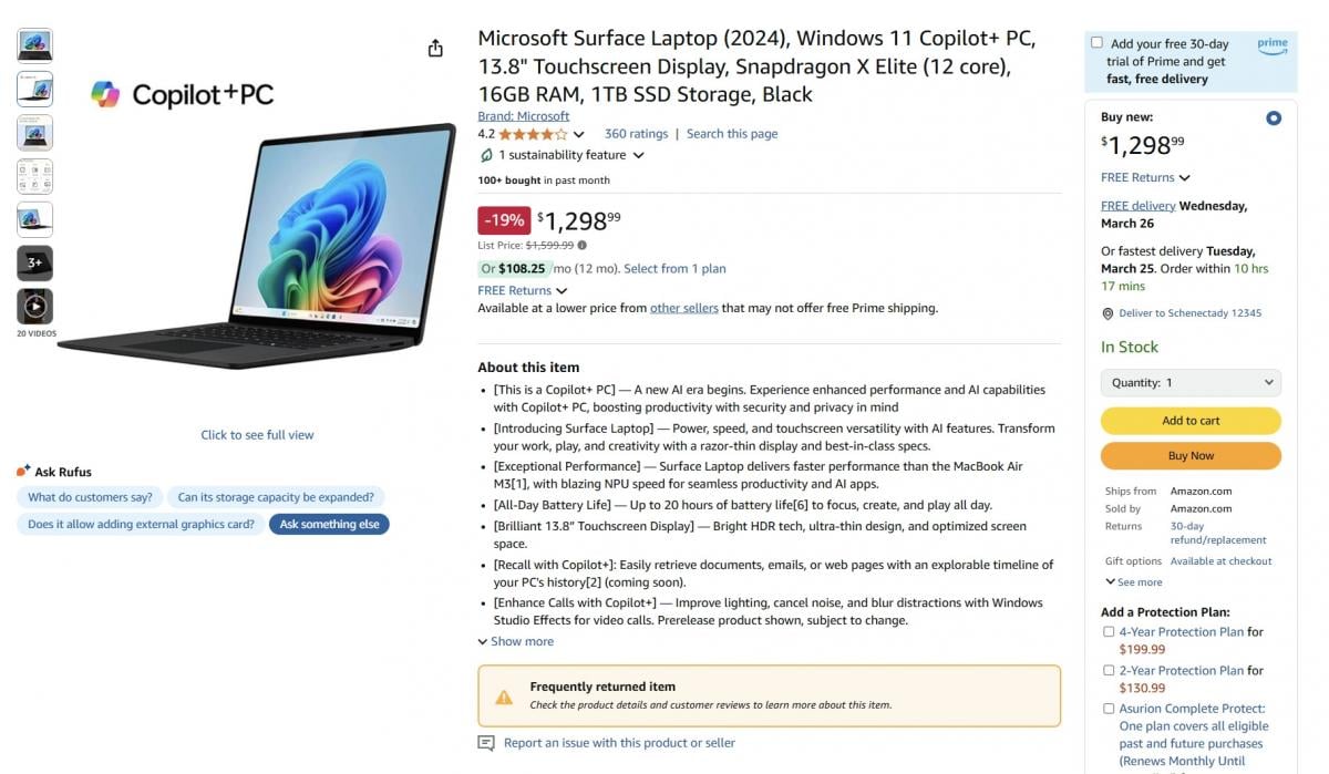 Amazon начал помечать Surface Laptop 7 как часто возвращаемый товар