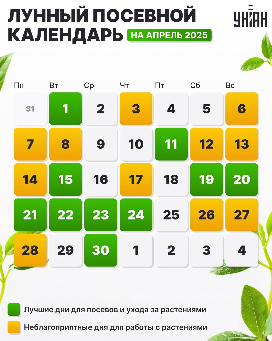 Посевной календарь на апрель 2025 года - таблица / картинка УНИАН Посевной календарь на апрель 2025 года - таблица / картинка УНИАН