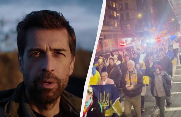 Лідер гурту з РФ "Ногу свело!" з українським прапором підтримав Україну на мітингу у США