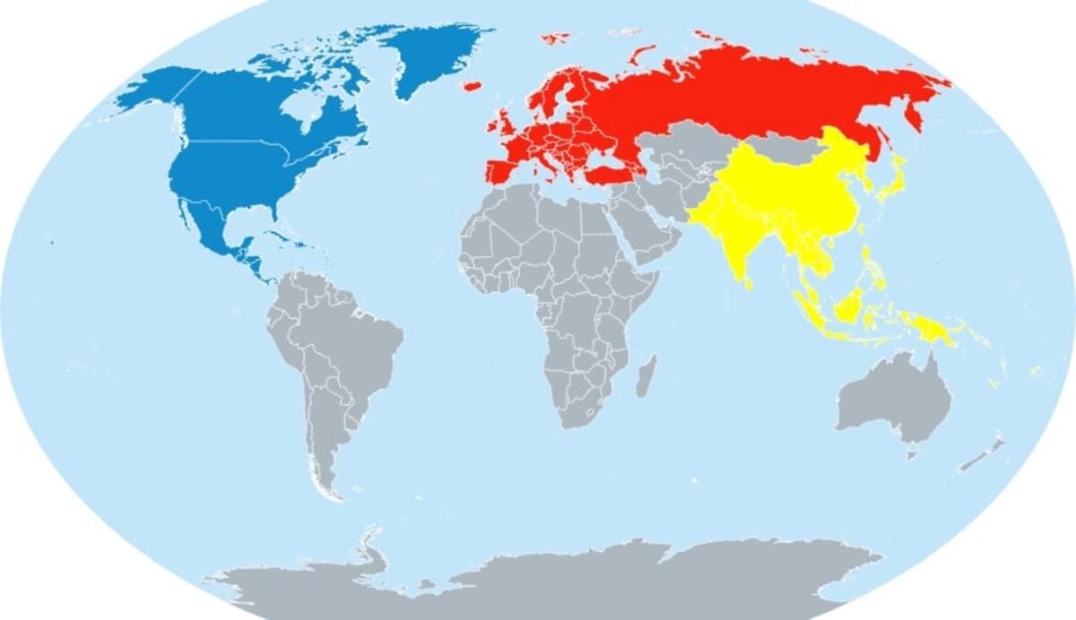 Карта возможного раздела сфер влияния (синий - США, красный - Россия, желтый - Китай)/ geoBoundaries / Newsweek Карта возможного раздела сфер влияния (синий - США, красный - Россия, желтый - Китай)/ geoBoundaries / Newsweek