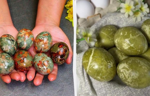 Как сделать зеленые "мраморные" яйца на Пасху: красим куркумой и каркаде