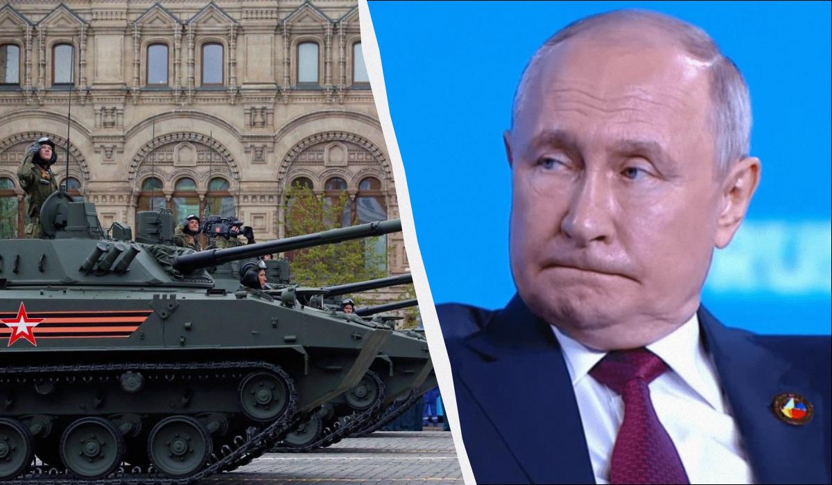 Ще трохи, і Путін дивитиметься свій парад лише удвох з Пєсковим / колаж УНІАН, фото REUTERS, кадр з відео Ще трохи, і Путін дивитиметься свій парад лише удвох з Пєсковим / колаж УНІАН, фото REUTERS, кадр з відео