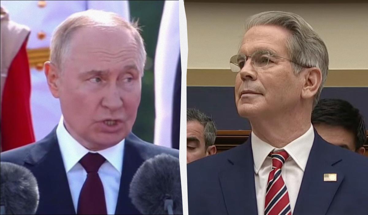 Скот Бессент согласился с тем, что Путин является военным преступником / коллаж УНИАН, кадры из видео Скот Бессент согласился с тем, что Путин является военным преступником / коллаж УНИАН, кадры из видео