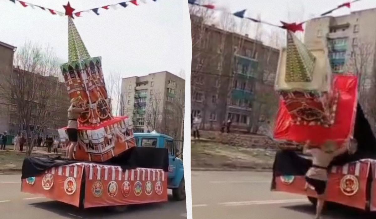 Организаторы парада явно не учли высоту картонного Кремля / коллаж УНИАН, кадры из видео Организаторы парада явно не учли высоту картонного Кремля / коллаж УНИАН, кадры из видео